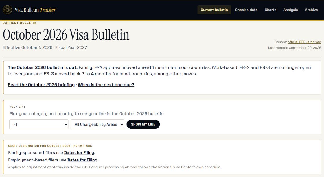 VisaBulletinTracker showing the October 2026 visa bulletin, a summary of what moved, and the Your line picker.